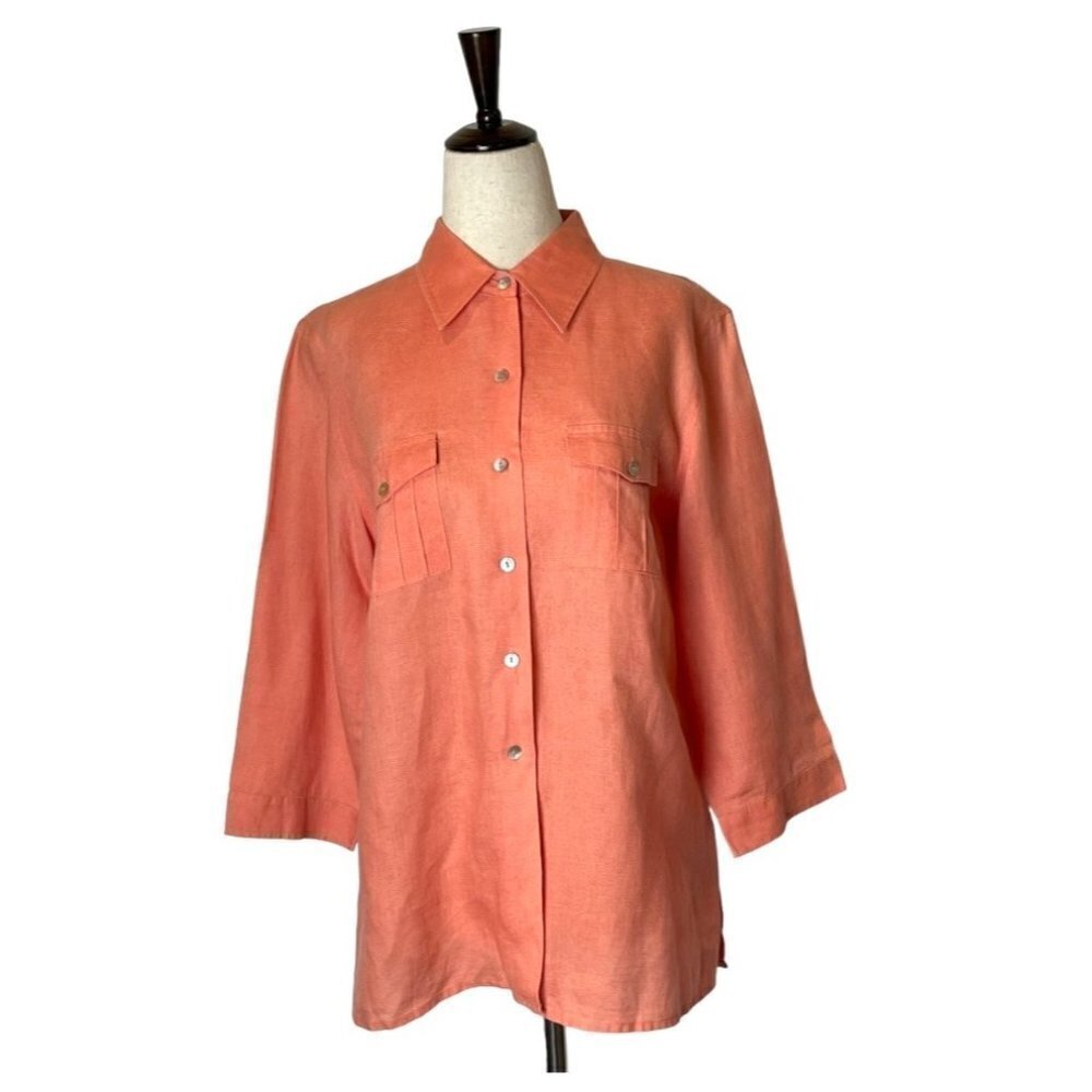 Edward Peach Orange Pocketed Irish Linen Collared‎ Button Down Shirt Size M